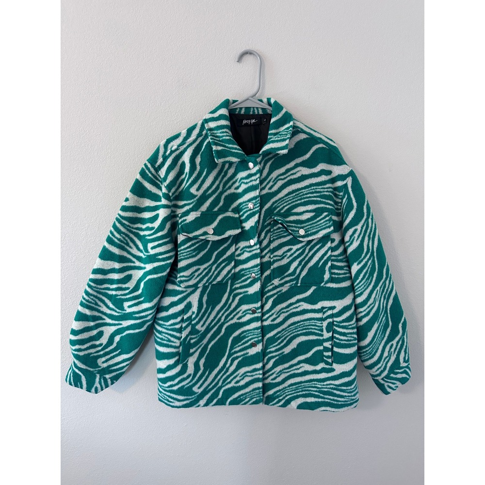 Nasty Gal Zebra Print Shacket Small Green White Zebra Animal Pattern Jacket